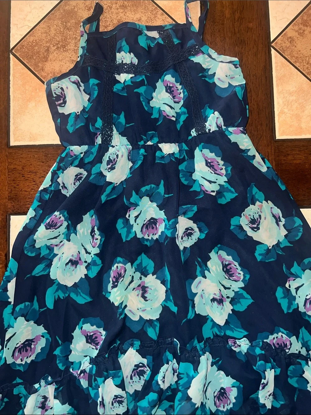 The Children's Place Navy Floral Sundress with Teal and White Roses